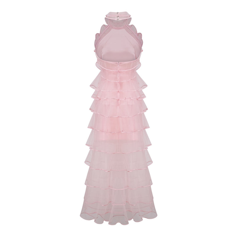 Addison Pink Maxi Dress Halterneck Ruffled Tiered Tulle Overlay Elegant Luxury Rear Zip Fastening 100% Nylon Polyamide Fiber Sophistication Style Special Occasions Soirées Statement Timeless Grace