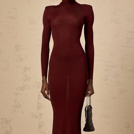Addison Wine Red Midi Dress with Sheer Shoulder Details and Turtle Neck