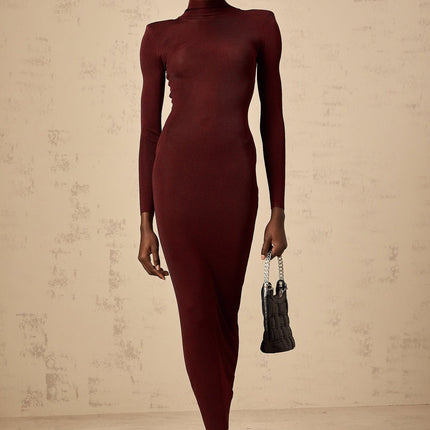 Addison Wine Red Midi Dress with Sheer Shoulder Details and Turtle Neck