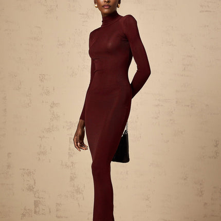 Addison Wine Red Viscose Midi Dress with Sheer Shoulder Details and Turtle Neck
