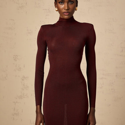 Addison Wine Red Midi Dress with Sheer Shoulder Details and Turtle Neck