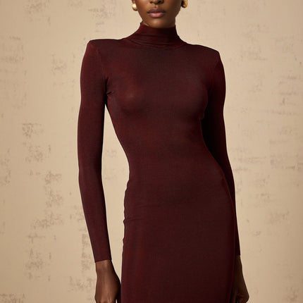 Addison Wine Red Midi Dress with Sheer Shoulder Details and Turtle Neck