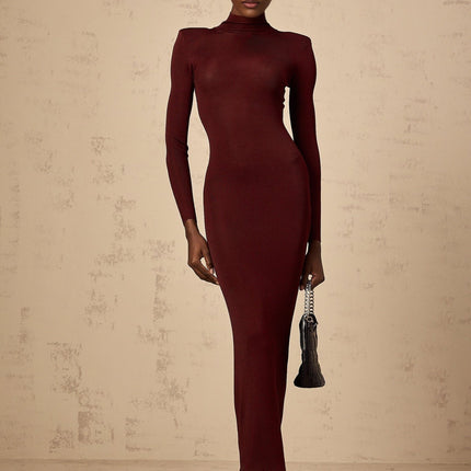 Addison Wine Red Viscose Midi Dress with Sheer Shoulder Details and Turtle Neck