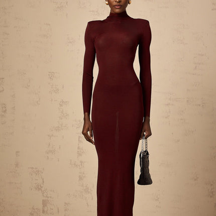 Addison Wine Red Viscose Midi Dress with Sheer Shoulder Details and Turtle Neck