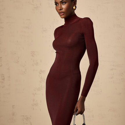 Addison Wine Red Midi Dress with Sheer Shoulder Details and Turtle Neck