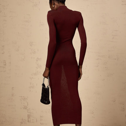 Addison Wine Red Midi Dress with Sheer Shoulder Details and Turtle Neck