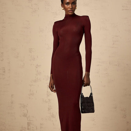 Addison Wine Red Viscose Midi Dress with Sheer Shoulder Details and Turtle Neck