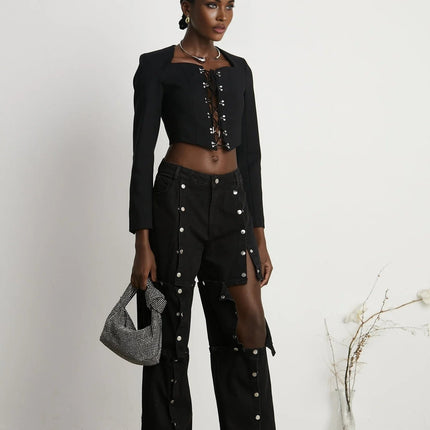 Adelaide Black Wool Lace-Up Corset Eyelet Detail Cropped Jacket