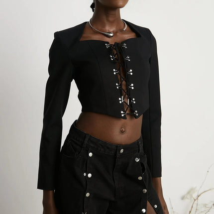 Adelaide Black Wool Lace-Up Corset Jacket Eyelet Detail Cropped Sleeves