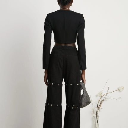 Adelaide Black Wool Lace-Up Corset Jacket Eyelet Detail Cropped Long Sleeve