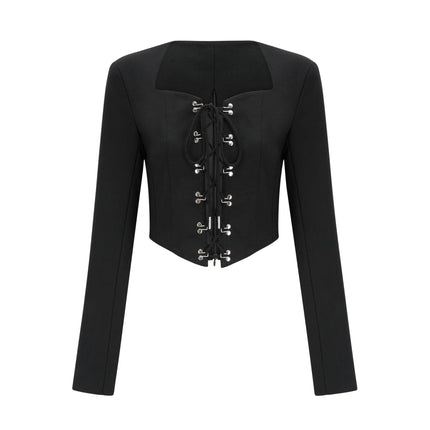 Adelaide Black Wool Lace-Up Corset Jacket with Eyelet Detailing and Cropped Silhouette