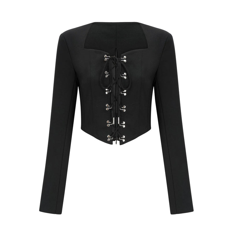 Adelaide Black Wool Lace-Up Corset Jacket with Eyelet Detailing and Cropped Silhouette