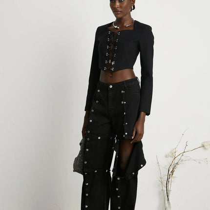 Adelaide Black Wool Lace-Up Corset Jacket Eyelet Detail Cropped Long Sleeve