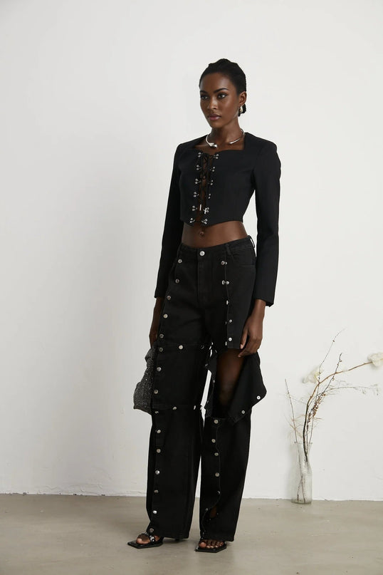 Adelaide Black Wool Lace-Up Corset Jacket Eyelet Detail Cropped Long Sleeve