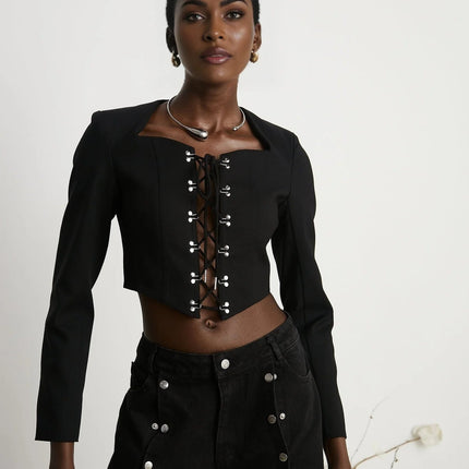 Adelaide Black Wool Lace-Up Corset Jacket Eyelet Detailing Cropped Long Sleeves