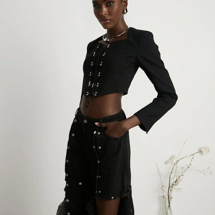 Adelaide Black Wool Lace-Up Corset Jacket Eyelet Detail Cropped Long Sleeve