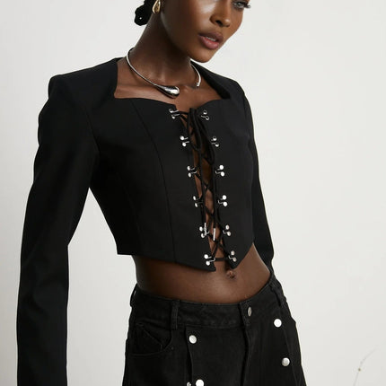 Adelaide Black Wool Lace-Up Corset Jacket Eyelet Detail Cropped Long Sleeves