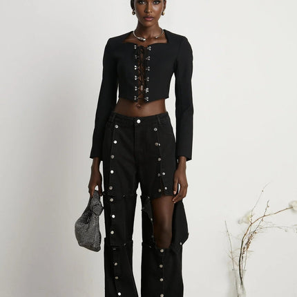 Adelaide Black Wool Lace-Up Corset Jacket Eyelet Detail Cropped Long Sleeve