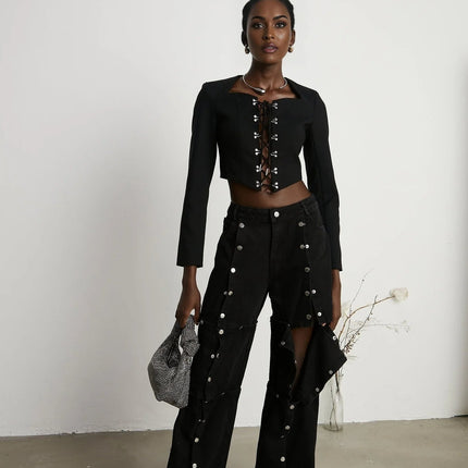 Adelaide Black Wool Lace-Up Corset Jacket with Eyelet Detailing and Cropped Silhouette