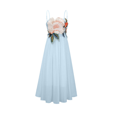 Adelaide Blue Floral Embroidered Shirred Maxi Dress