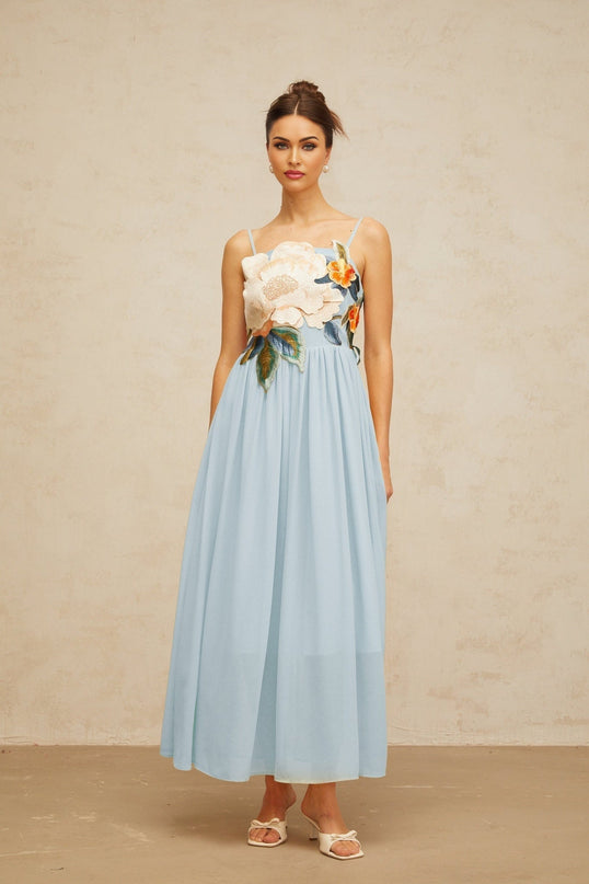 Adelaide Blue Floral Embroidered Shirred Maxi Dress