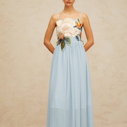 Adelaide Blue Floral Embroidered Shirred Maxi Dress