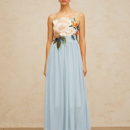 Adelaide Blue Floral Embroidered Shirred Maxi Dress