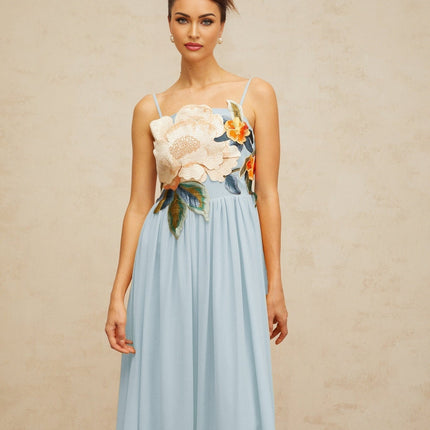 Adelaide Blue Floral Embroidered Shirred Maxi Dress