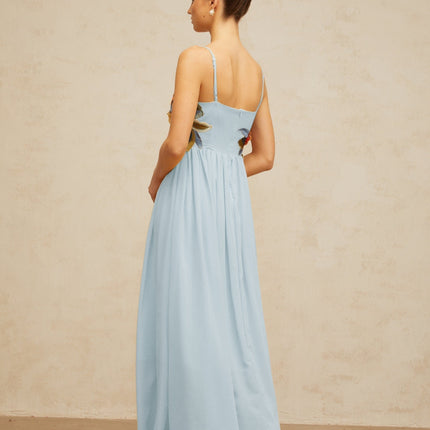 Adelaide Blue Floral Embroidered Shirred Maxi Dress