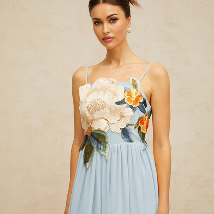 Adelaide Blue Floral Embroidered Shirred Maxi Dress