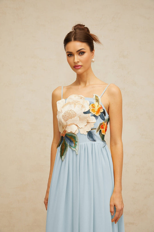 Adelaide Blue Floral Embroidered Shirred Maxi Dress