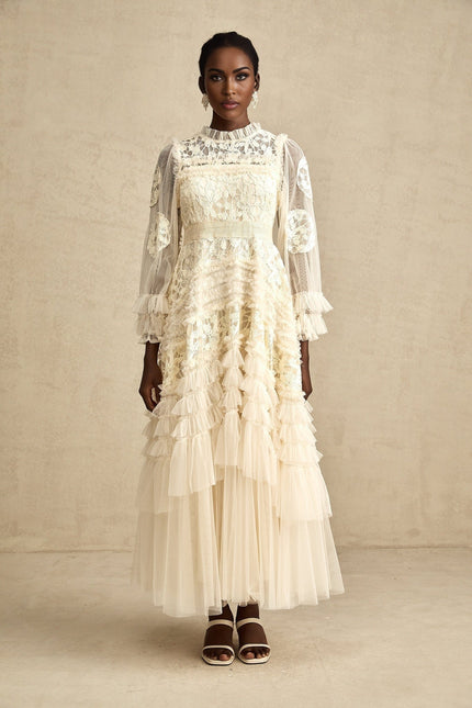 Adelaide Maxi Dress in Neutrals Floral Embroidered Tulle Ruffles Semi-Sheer Sleeves Frilled Neck Flared Skirt Discoid Embroidery Layered Design Ruffled Detailing Nylon Polypropylene Blend Feminine Sophisticated Elegant