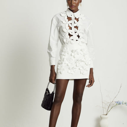 Adelaide White 3D Floral Cut-Out Shirt Terylene Cotton Blend