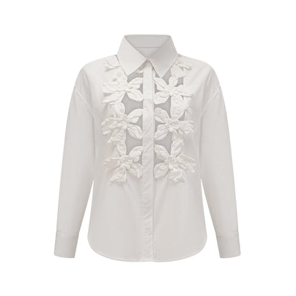 Adelaide White 3D Floral Cut-Out Shirt Terylene Cotton Blend