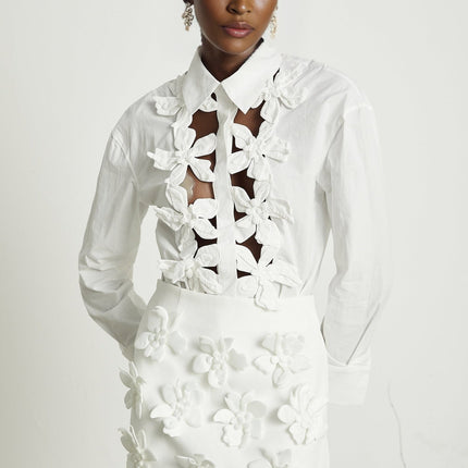 Adelaide White 3D Floral Cut-Out Shirt Terylene Cotton Blend Lapel Collar Buttoned Cuffs Front Button Fastening Sophisticated Elegant Fashionista Statement Piece Comfortable Versatile