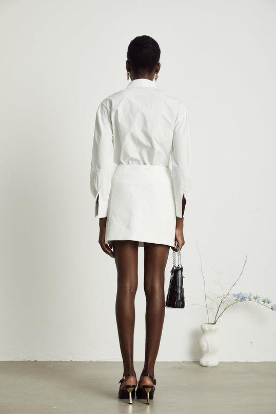 Adelaide White 3D Floral Cut-Out Shirt Terylene Cotton Blend Lapel Collar Buttoned Cuffs Front Button Fastening