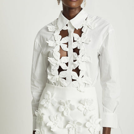 Adelaide White 3D Floral Cut-Out Shirt Terylene Cotton Blend Lapel Collar Buttoned Cuffs Front Button Fastening
