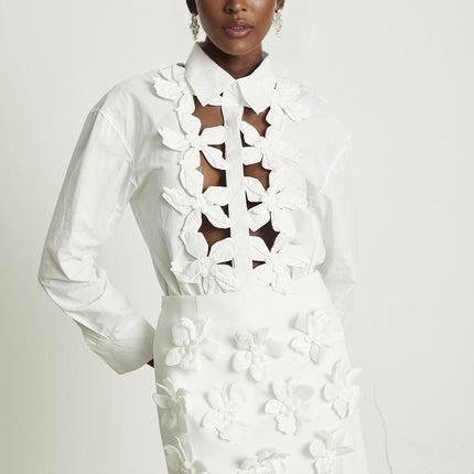 Adelaide White 3D Floral Cut-Out Shirt Terylene Cotton Blend Buttoned Cuffs Lapel Collar Tailored Fit Sophisticated Elegant Fashionista Versatile