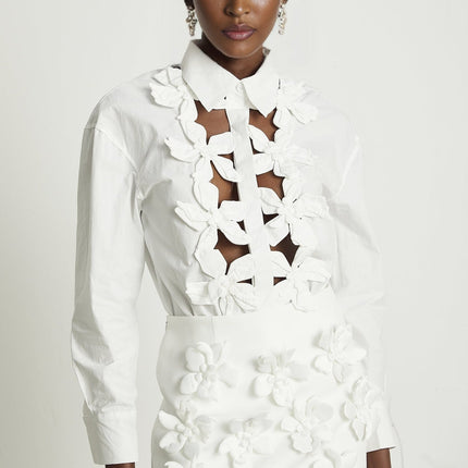 Adelaide White 3D Floral Embellished Cut Out Shirt