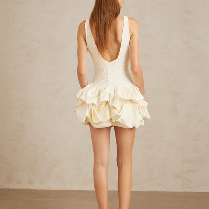 Adele Neutrals Lace Mini Dress Open Back Bubble Hem Sleeveless Round Neck Elegant Special Occasion
