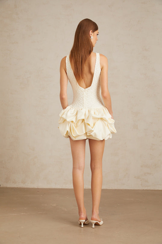 Adele Neutrals Lace Mini Dress Open Back Bubble Hem Sleeveless Round Neck Elegant Special Occasion