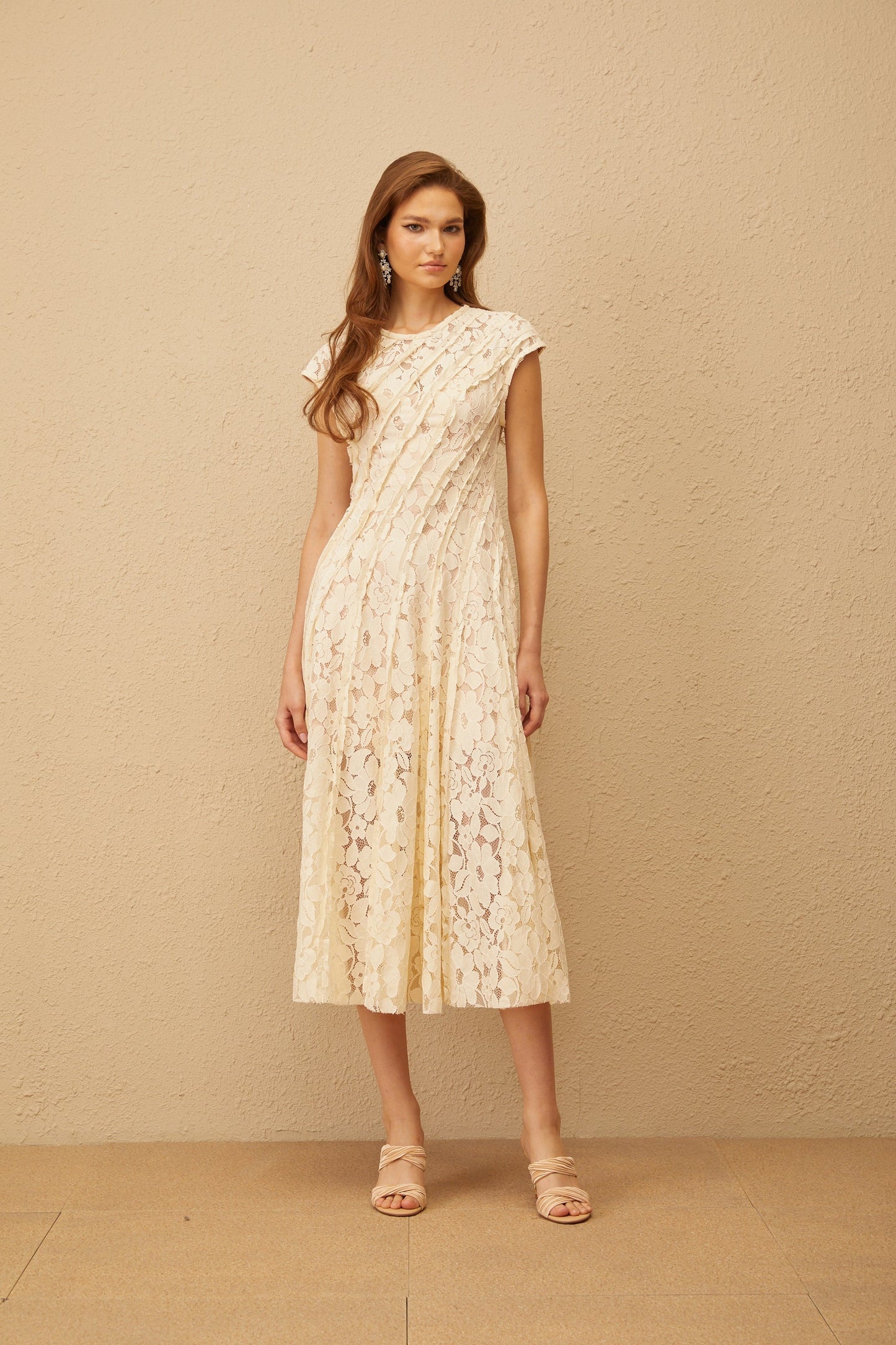 Adèle Neutral Floral Lace Midi Dress