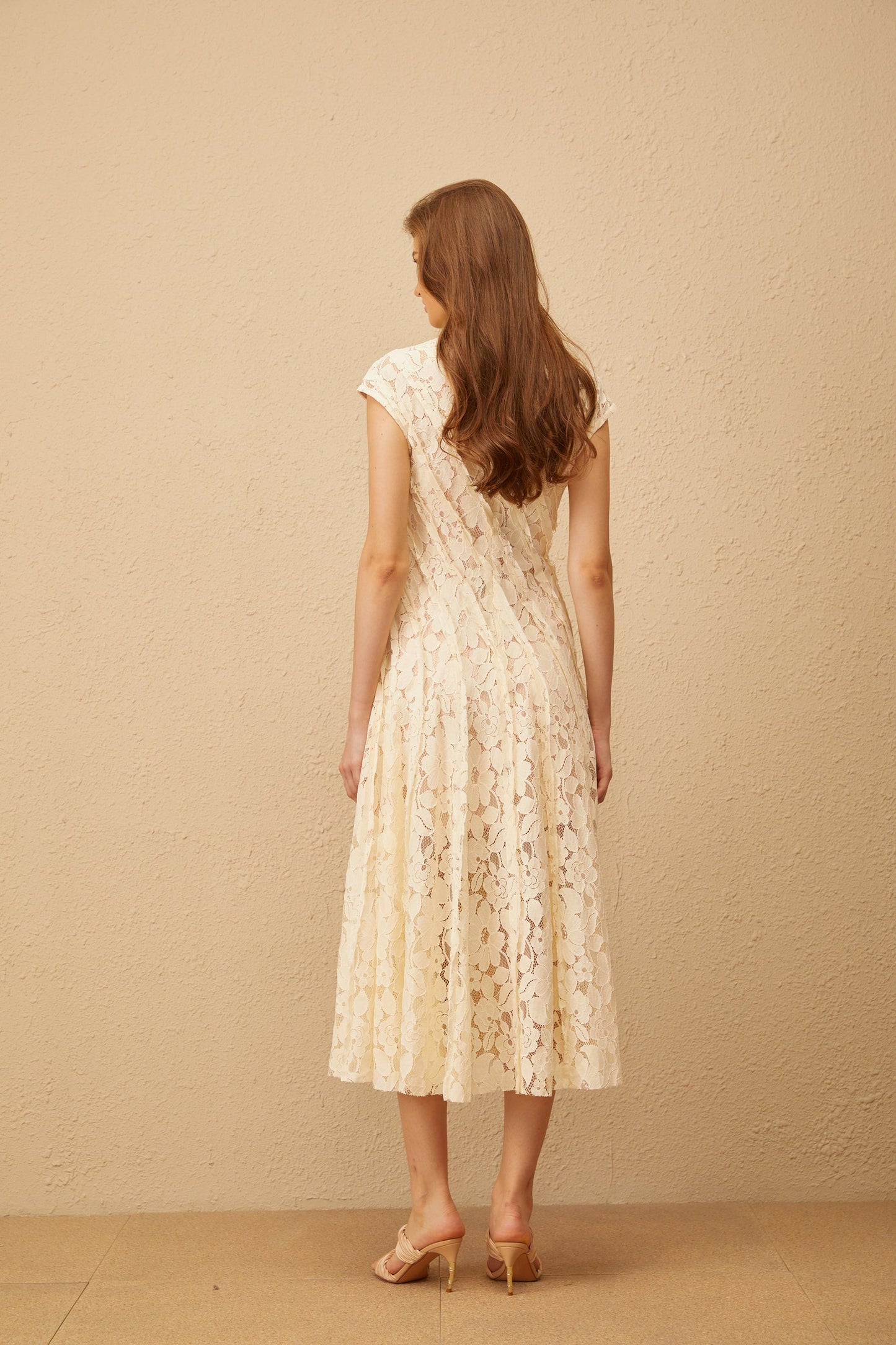 Adèle Neutral Floral Lace Midi Dress