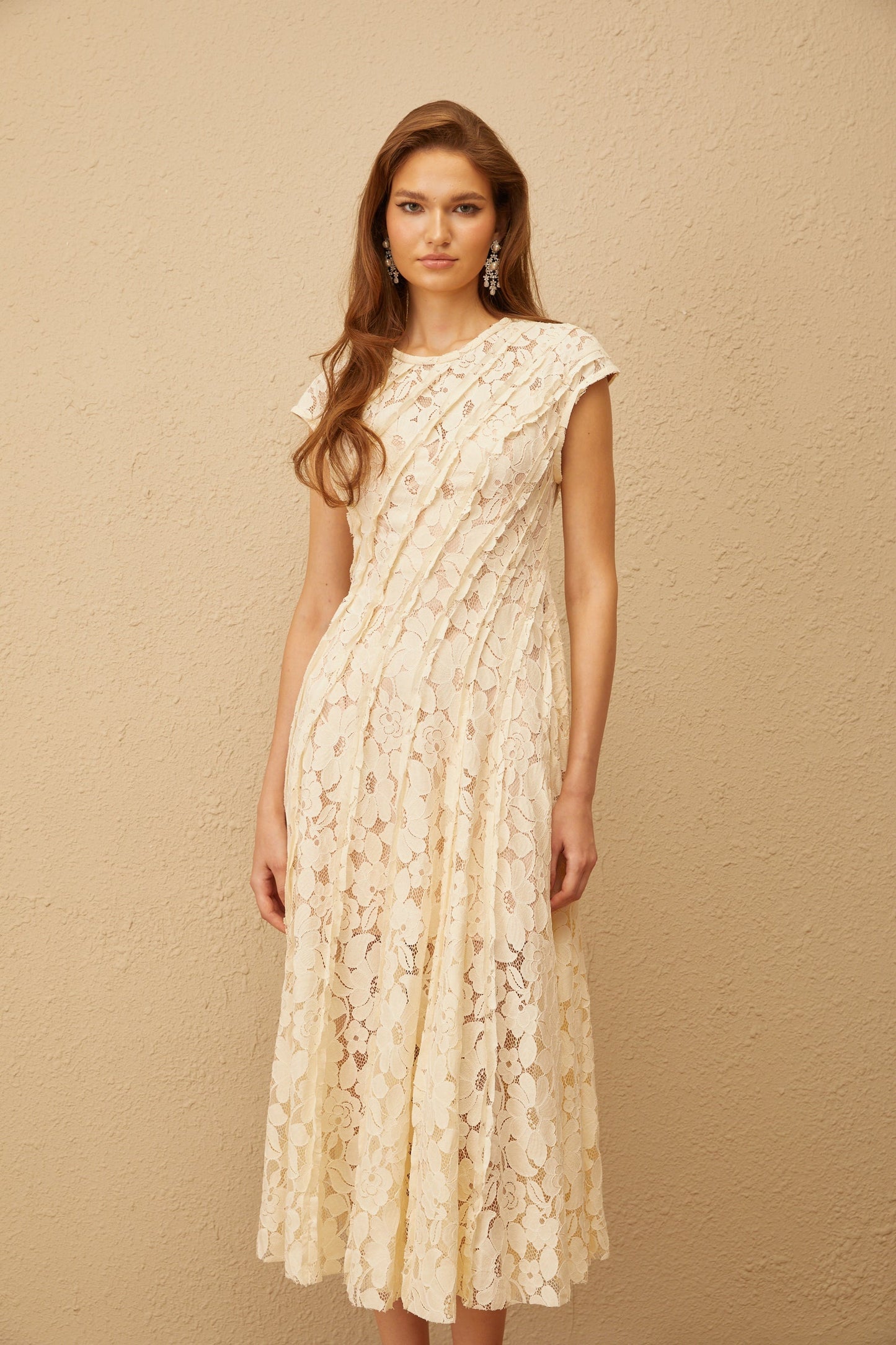 Adèle Neutral Floral Lace Midi Dress