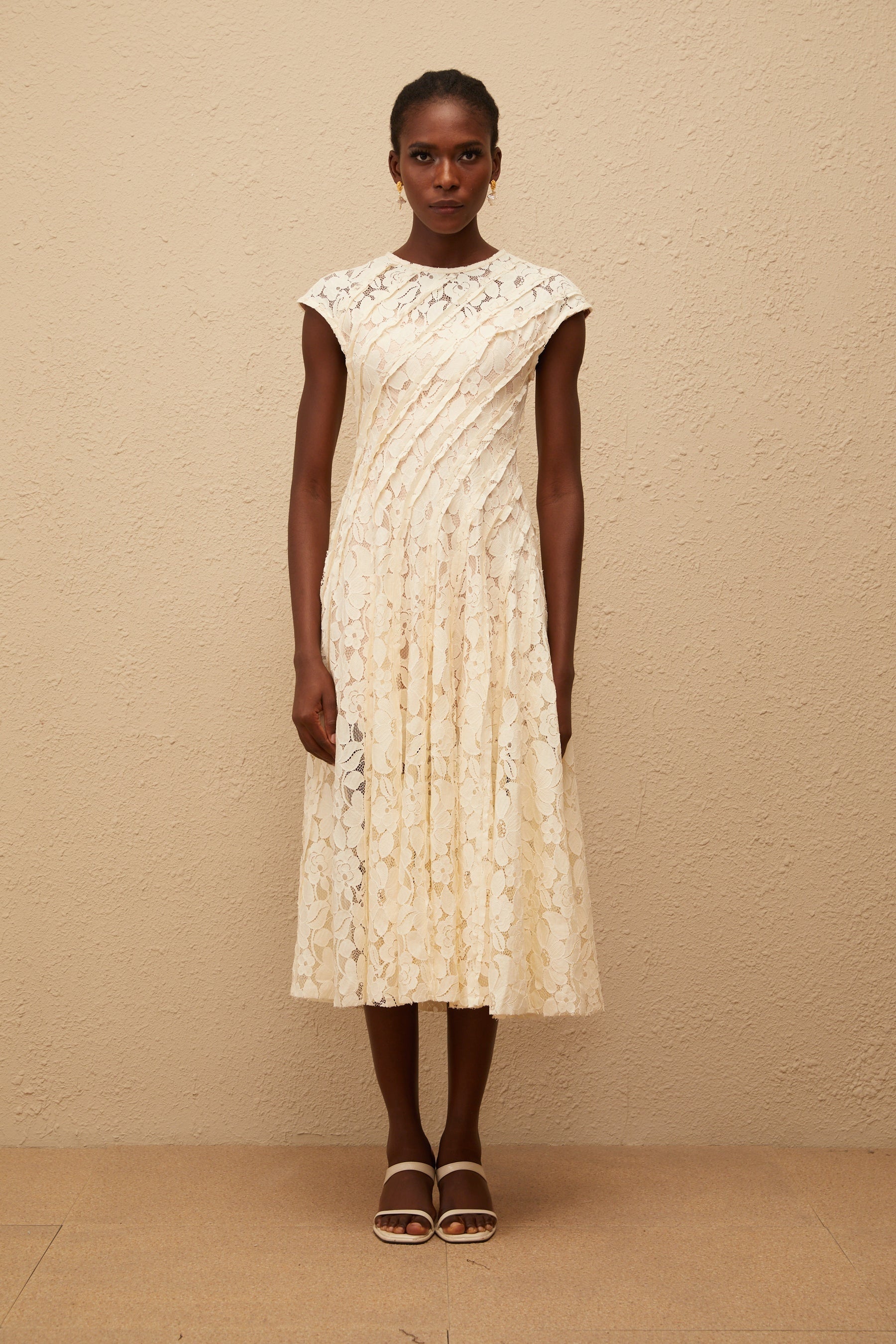 Adèle Neutral Floral Lace Midi Dress