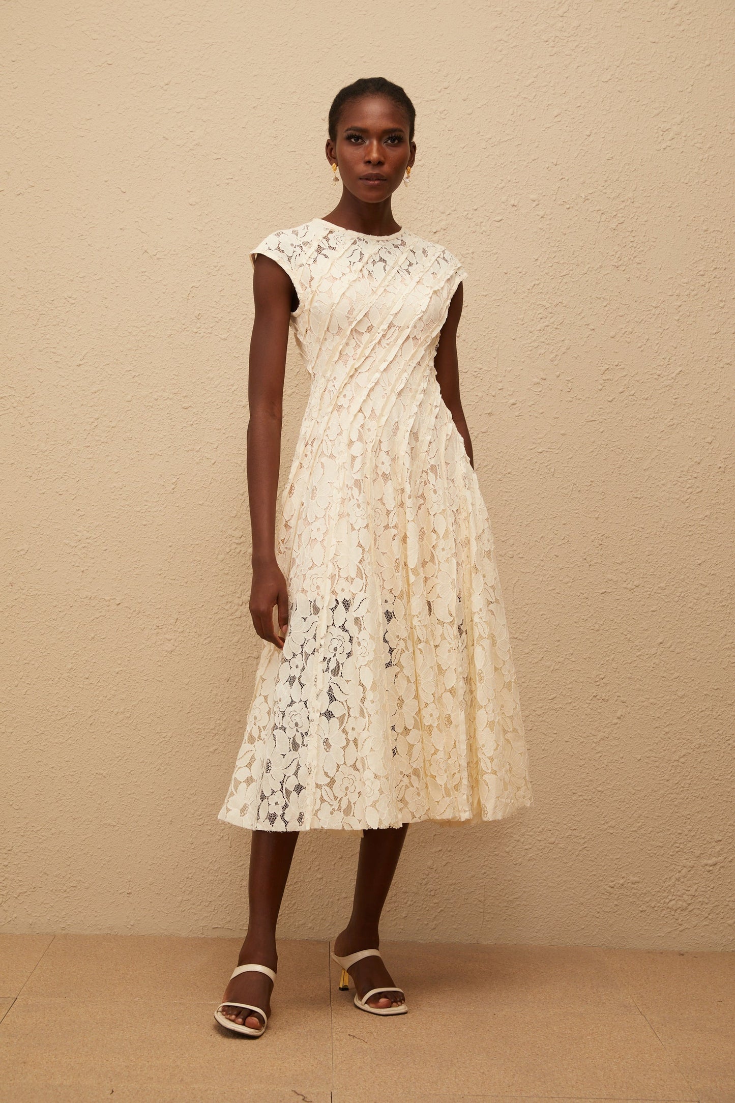 Adèle Neutral Floral Lace Midi Dress