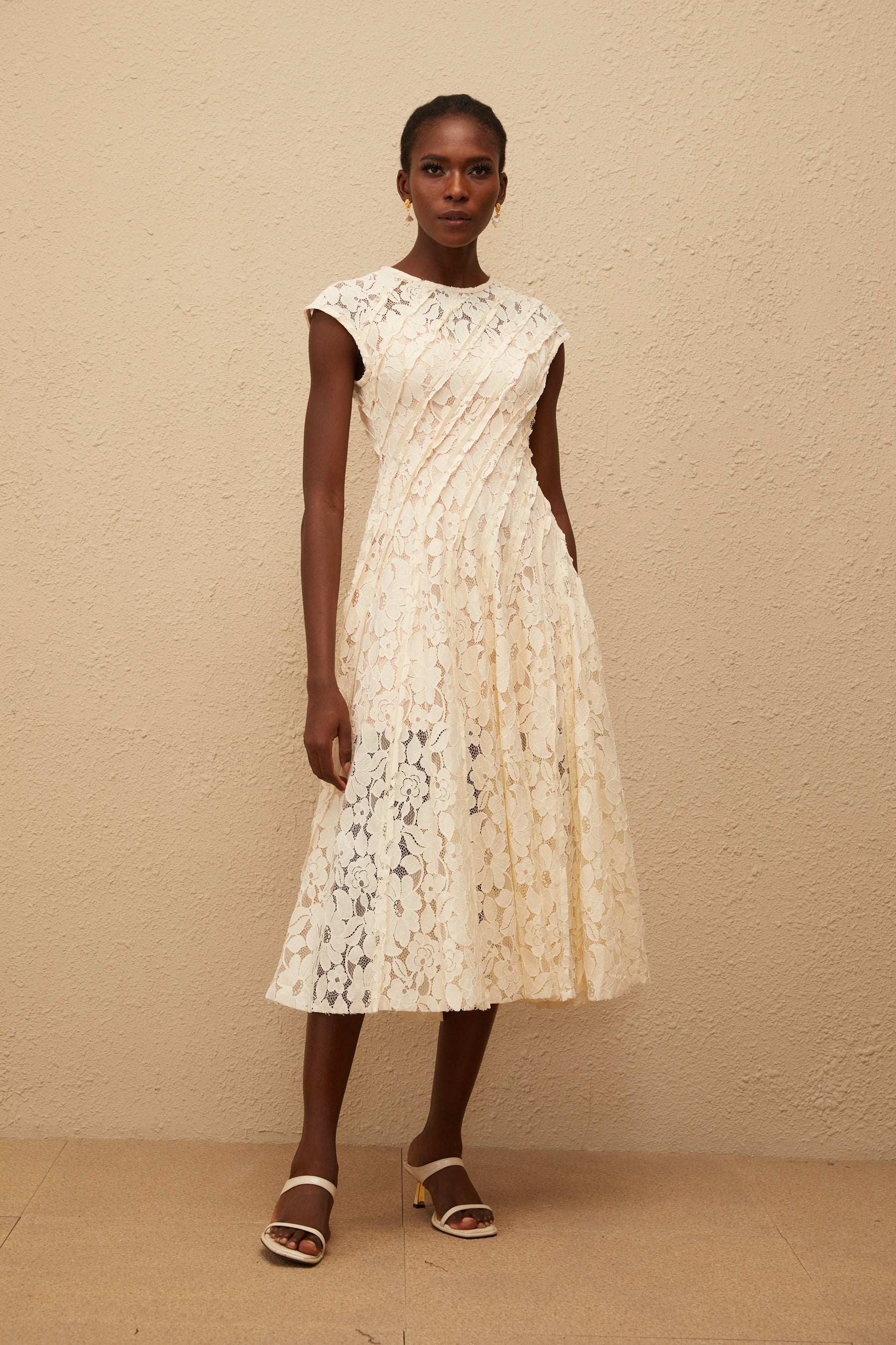 Adèle Neutral Floral Lace Midi Dress