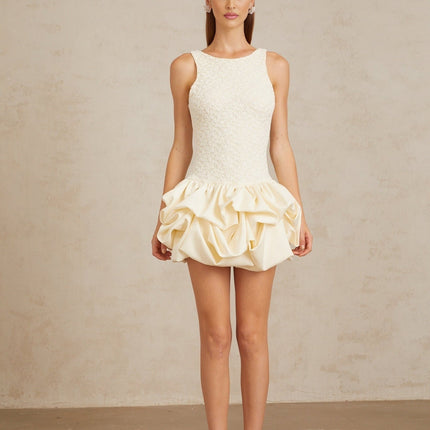 Adele Neutrals Lace Mini Dress Open Back Bubble Hem Sleeveless Round Neck Rear Zip Fastening Cotton Polyamide Blend Women's Fashion