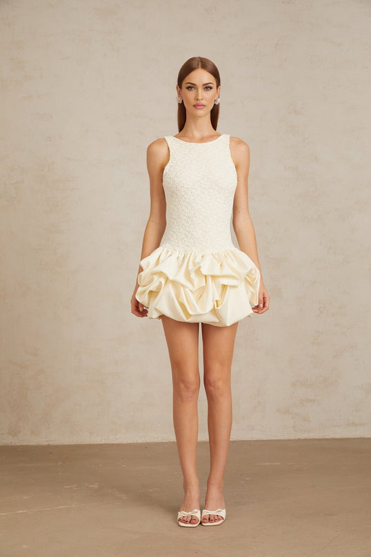 Adele Neutrals Lace Mini Dress Open Back Bubble Hem Sleeveless Round Neck Rear Zip Fastening Cotton Polyamide Blend Women's Fashion