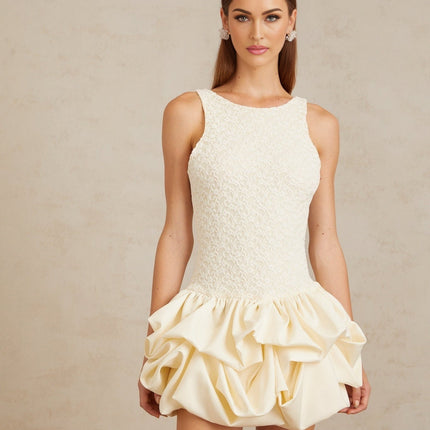 Adele Neutrals Mini Dress Sleeveless Open Back Lace Bubble Hem Skirt Rear Zip Fastening Cotton Polyamide Blend Elegant Sophisticated Women's Fashion